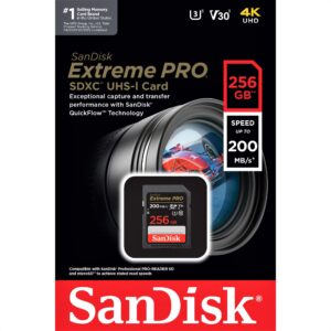 SANDISK SDSDXXD-256G-GN4IN, Extreme Pro SDXC 256GB Memory Card + 2 years RescuePRO Deluxe 200/s read 140MB/s C10 V30 UHS-I U3