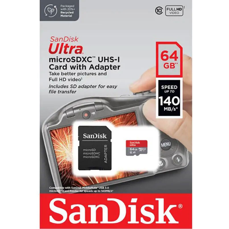 SANDISK SDSQUAB-064G-GN6IA, Ultra microSDXC 64GB + SD Adapter 140MB/s A1 Class 10 UHS-I - Imaging Packaging