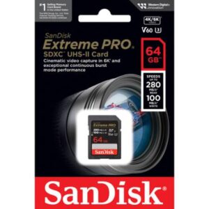 SANDISK SDSDXEP-064G-GN4IN, Extreme PRO 64GB V60 UHS-II SD card 280/100MB/s V60 C10 UHS-II