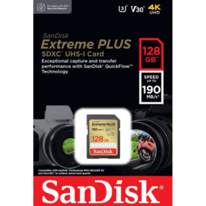 SANDISK SDSDXWA-128G-GNCIN, Extreme Plus SDXC 128GB Memory Card + 2 years RescuePRO Deluxe 190MB/s read 90MB/s C10 V30 UHS-I U3