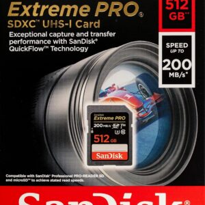 SANDISK SDSDXXD-512G-GN4IN, Extreme Pro SDXC 512GB Memory Card + 2 years RescuePRO Deluxe 200/s read 140MB/s C10 V30 UHS-I U3