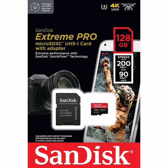 SANDISK SDSQXCD-128G-GN6MA, Extreme Pro microSDXC 128GB + SD Adapter + 2 years Rescue Pro Deluxe 200/s read 90MB/s A2 C10 V30 UHS-I U3