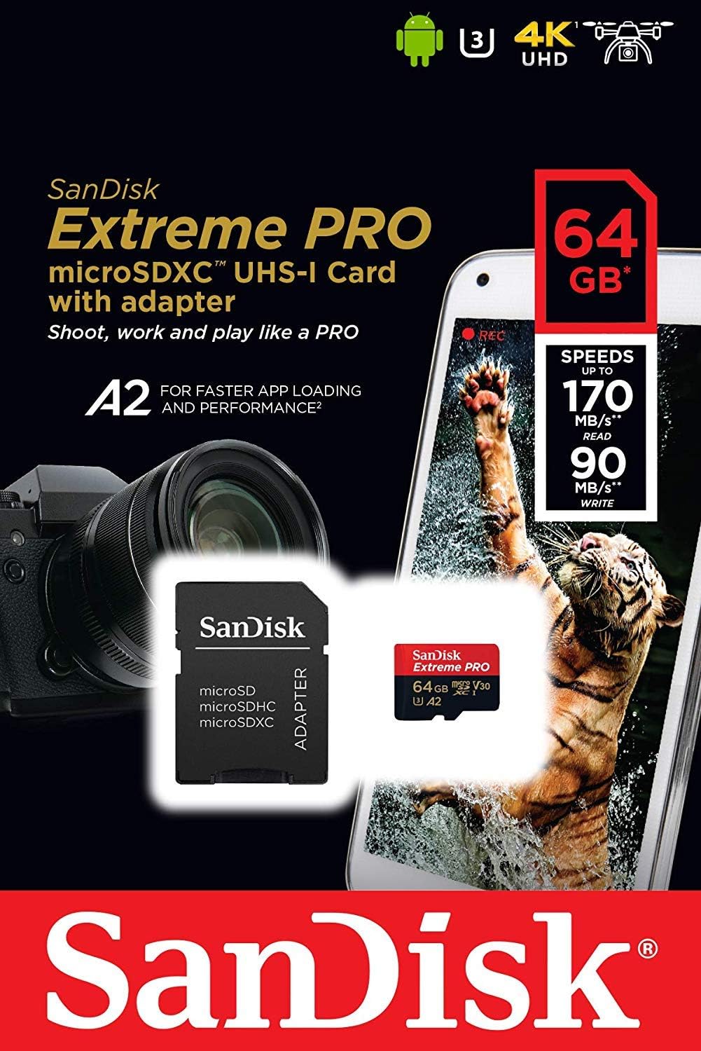SANDISK Extreme Pro microSDXC 64GB + SD Adapter + Rescue Pro Deluxe 170MB/s A2 C10 V30 UHS-I U3