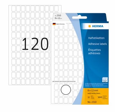HERMA 2310, A4 Valkoinen Monikäyttöinen Tarra 8 x 12 mm, 3840 tarran pakkaus / 32 arkkia