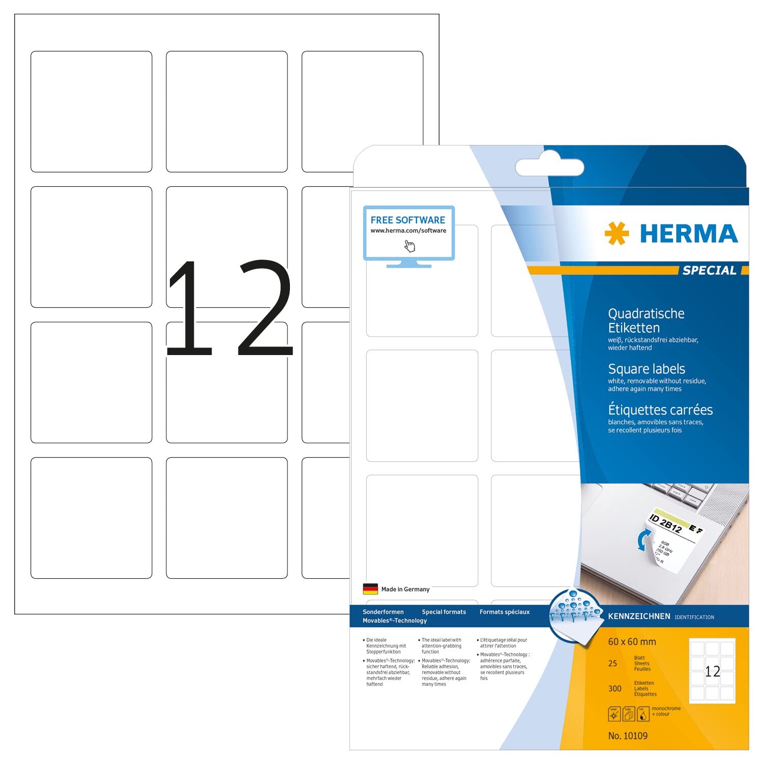 HERMA 10109, Neliö 60x60 mm, Valkoinen Irrotettava Tarra, 25 arkkia, 300 tarraa