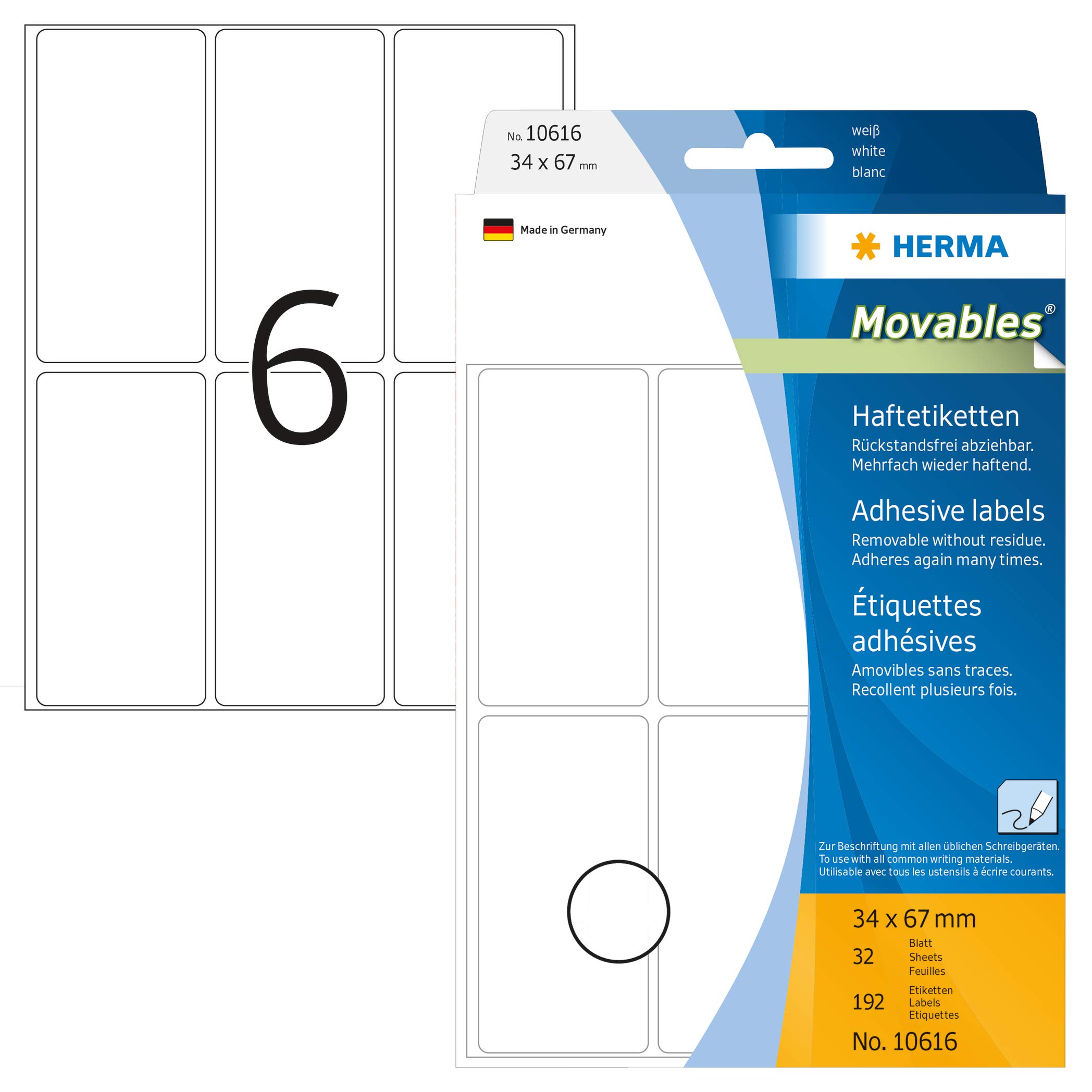 HERMA 10616, A4, Valkoinen, Itsekiinnittyvä, 34 x 67 mm, 144 tarraa / 24 arkkia