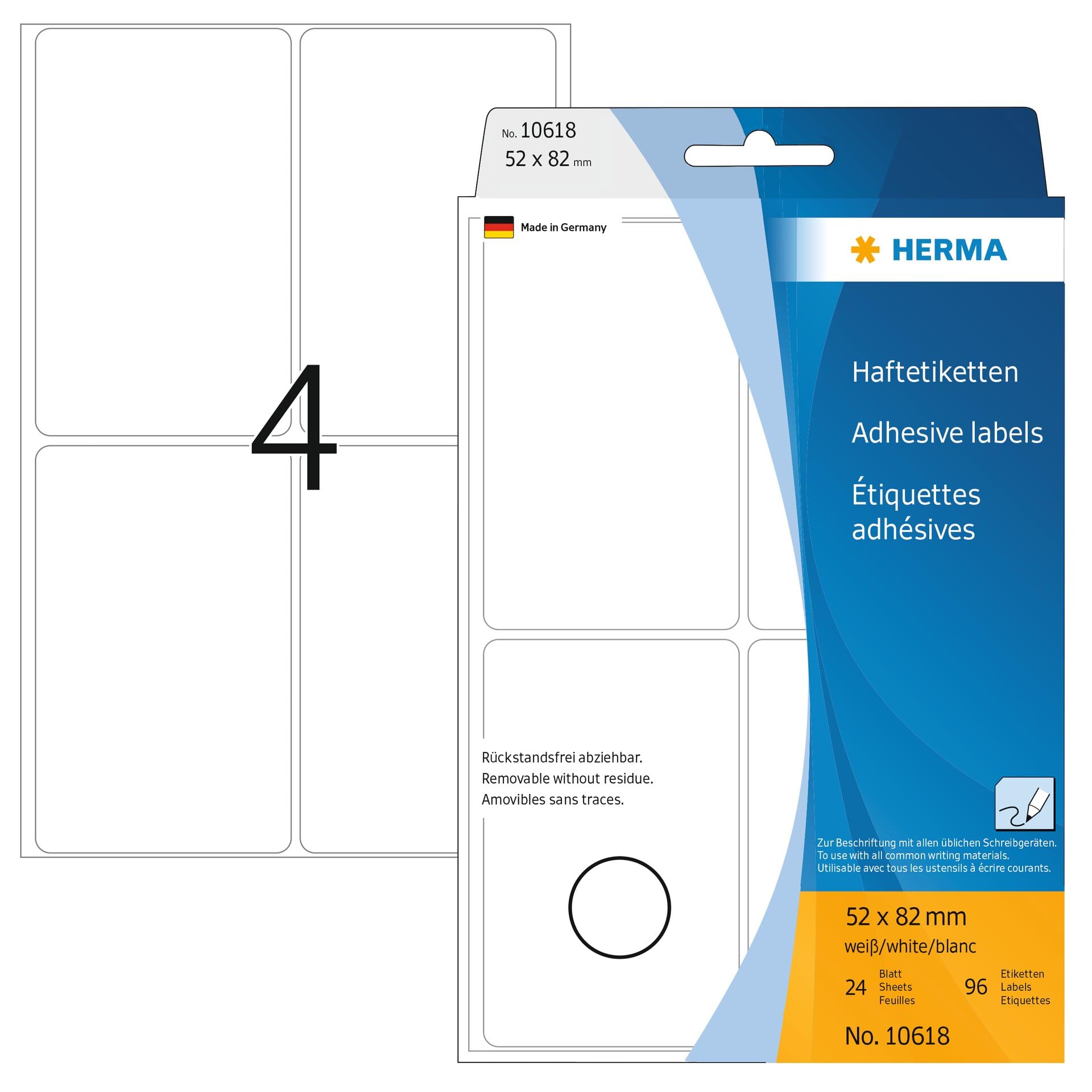 HERMA 10618, A4 Pyöristetyt Kulmat Valkoinen Monikäyttöinen 52 x 82 mm 96 tarraa / 24 arkkia