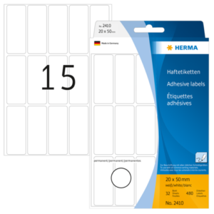 HERMA 2410, A4 Valkoinen Monikäyttöinen Tarra 20 x 50 mm, 480 tarraa / 32 arkkia