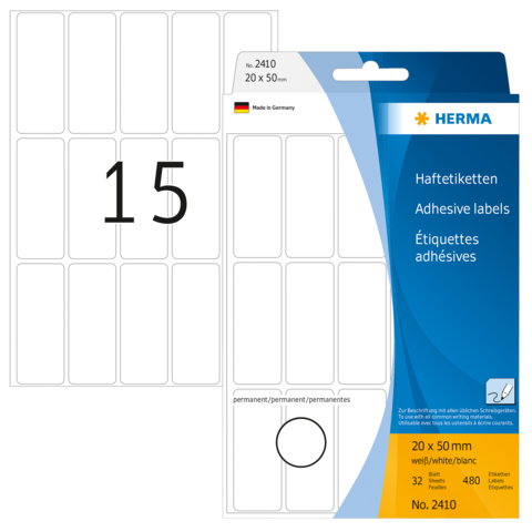 HERMA 2410, A4 Valkoinen Monikäyttöinen Tarra 20 x 50 mm, 480 tarraa / 32 arkkia