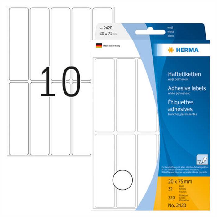 HERMA 2420, A4 Valkoinen Monikäyttöinen Tarra 20 x 75 mm, 320 kpl tarraa / 32 arkkia