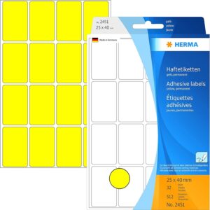 HERMA 2451, Keltainen A4-tarra 25 x 40 mm, 512 tarran pakkaus, 32 arkkia