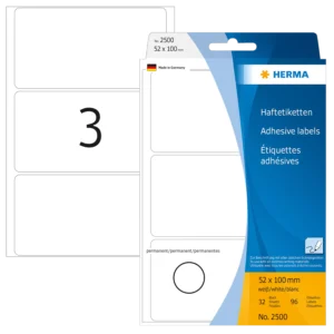 HERMA 2500, A4 Pyöreäkulmainen Valkoinen Tarrat 52 x 100 mm 96 tarraa / 32 arkkia