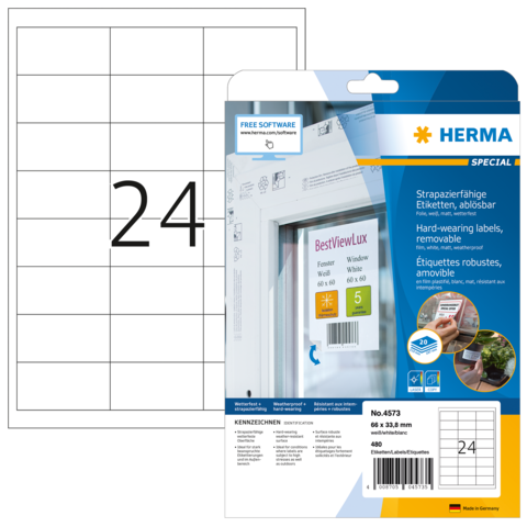 HERMA 4573, A4 Valkoinen Mattapintainen Kalvotarra 66 x 33,8 mm, 480 tarraa / 20 arkkia