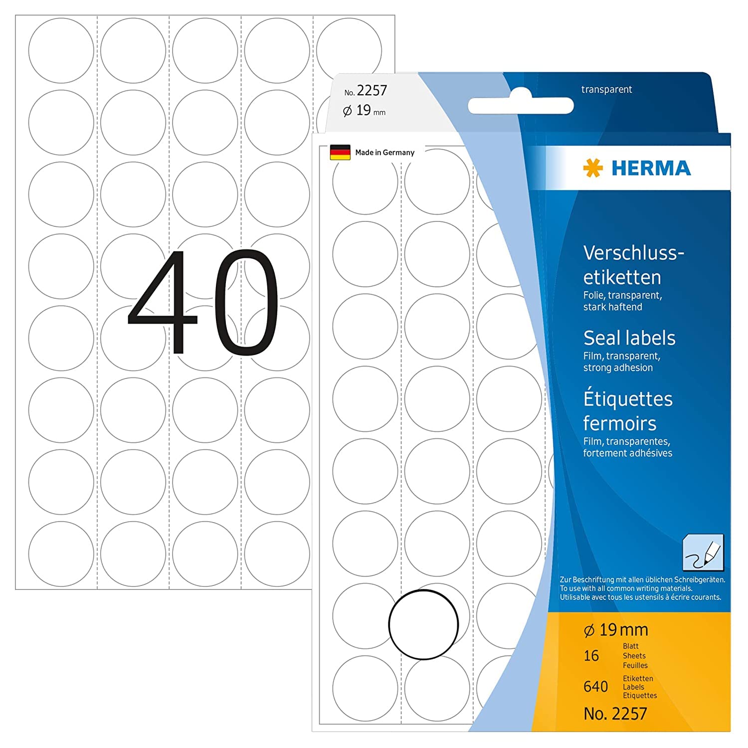 HERMA 2257, A4 Läpinäkyvät Mattatarrat Ø 19 mm, 640 tarraa / 16 arkkia