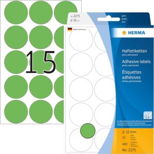 HERMA 2275, Pyöreä Vihreä 32 mm Tarra, 480 kpl / 1 arkki