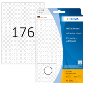 HERMA 2210, Pyöreä Valkoinen Monikäyttöinen Tarra 8 mm, 5632 kpl tarraa