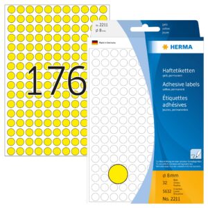 HERMA 2211, A4 Keltainen Monikäyttöinen Tarra Ø 8 mm, 5632 tarraa / 111 x 170 mm arkkia
