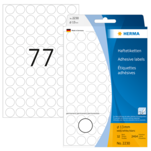 HERMA 2230, Pyöreä Valkoinen Monikäyttöinen Tarra 13 mm, 2464 kpl pakkaus