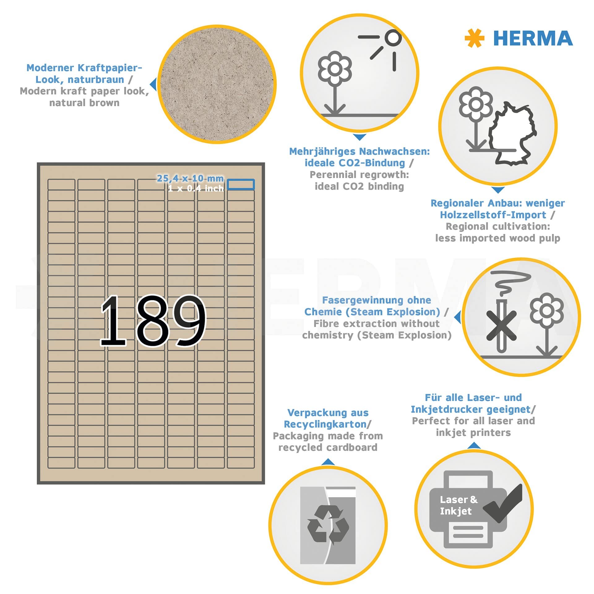 HERMA 10750, Luonnonruskea A4-tarra 25,4 x 10 mm, Elintarvikekontakti, 20 arkkia, 3780 tarraa / 20 arkkia. - Image 2