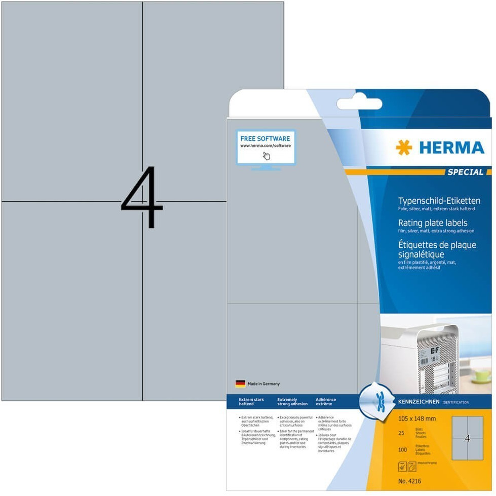 HERMA 4216, A4 Hopea Itseliimautuva Polyesteritarra 105 x 148 mm, 100 tarraa / 25 arkkia