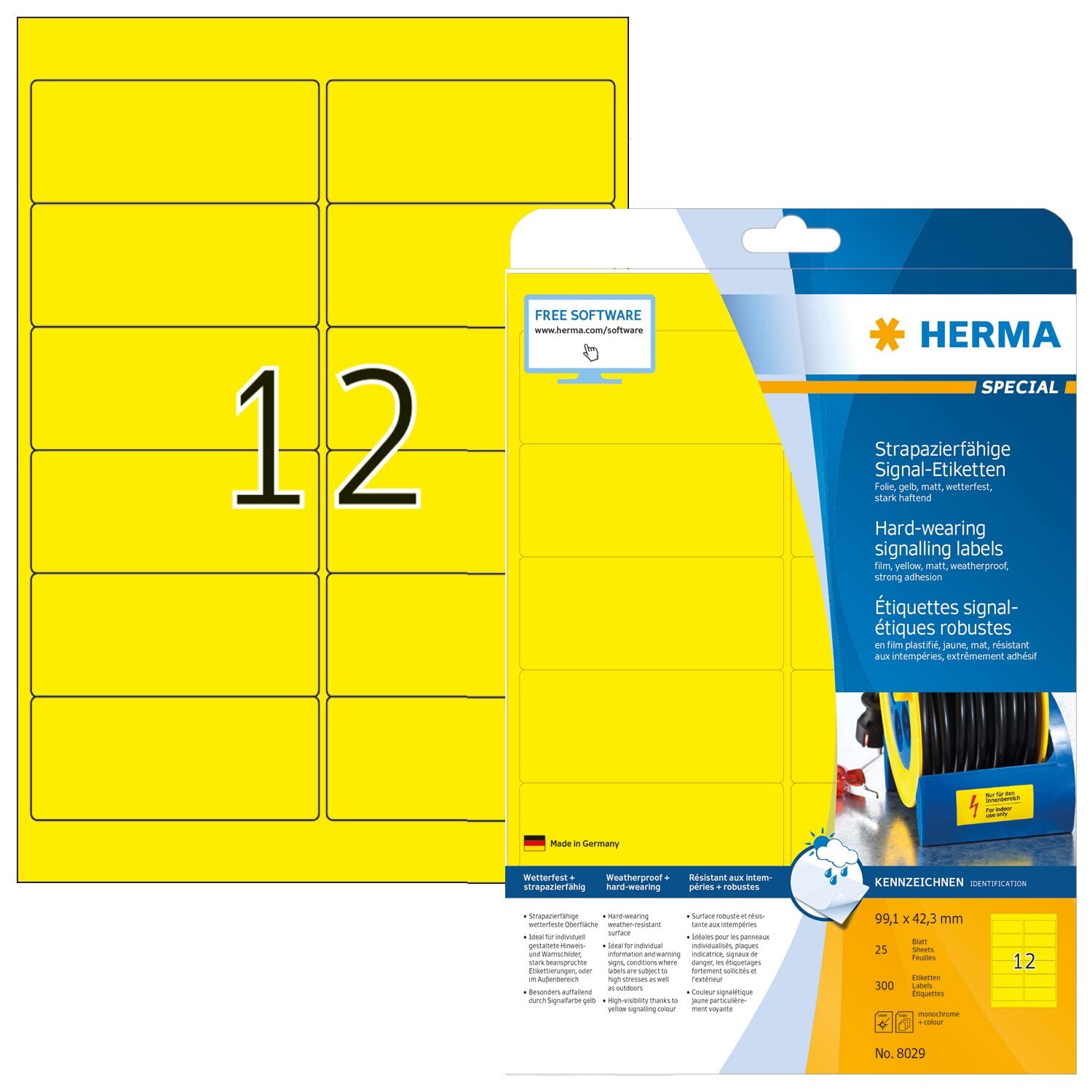 HERMA 8029, Kirkas Keltainen Säänkestävä Kalvotarra 99.1 x 42.3 mm, 300 tarraa / 25 arkkia