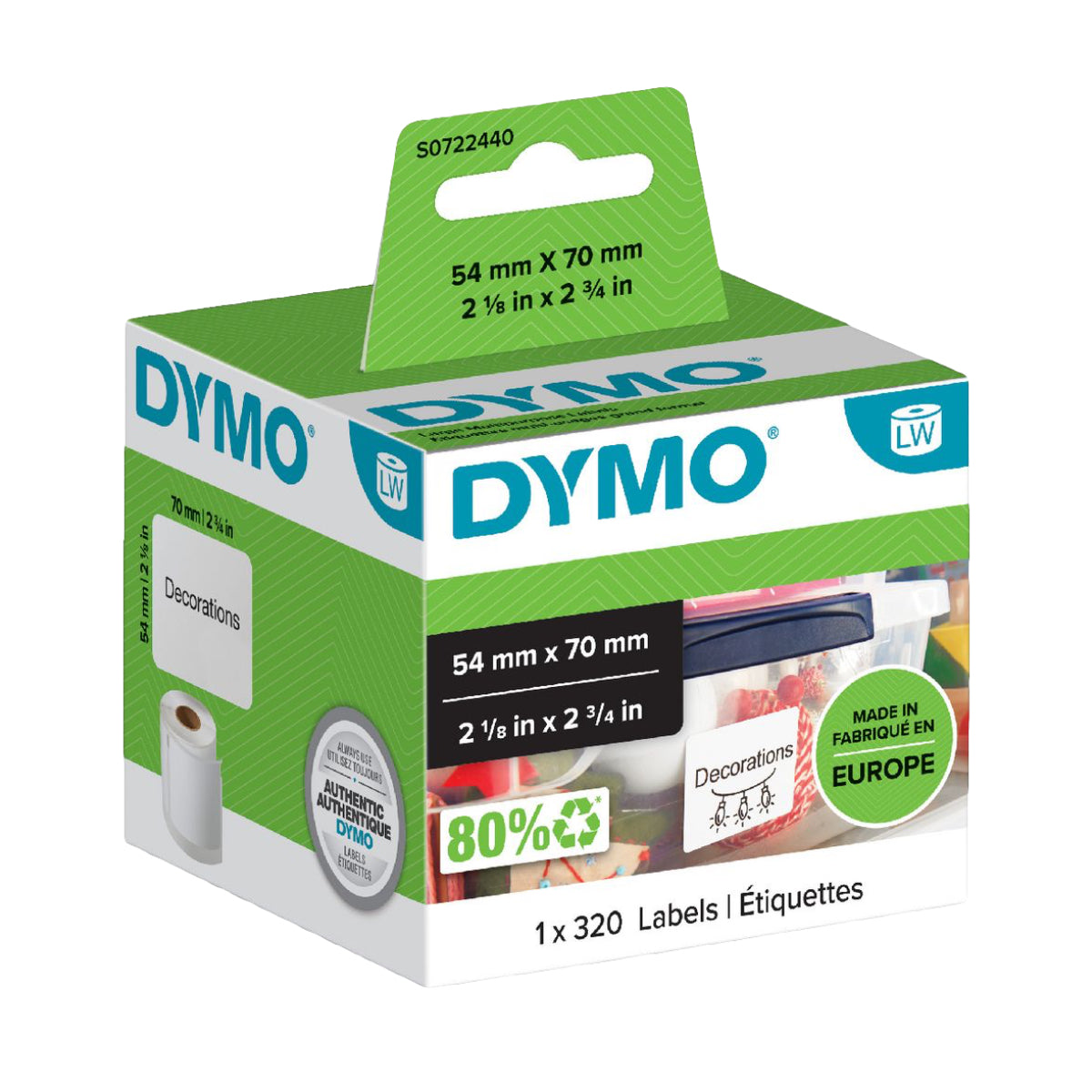 DYMO S0722440 - Itsekiinnittyvä tarrarulla 70 mm x 54 mm, musta / valkoinen