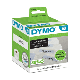 DYMO S0722460 - Paperietiketti 12 mm x 50 m, Valkoinen / Valkoinen