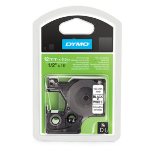 DYMO S0718060 - Pysyvä polyesteritarranauha 12 mm x 5,5 m, Musta / Valkoinen