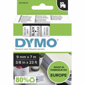 DYMO S0720670 - Tarranauha 9 mm x 7 m, musta / läpinäkyvä