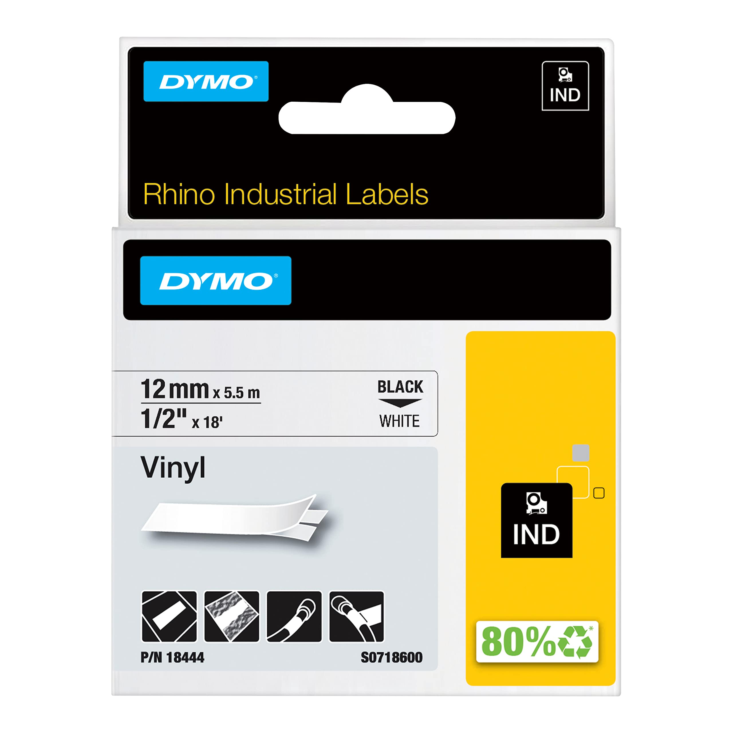 DYMO 18444 - Teollisuusmerkintänauha 12 mm x 5,5 m, musta / valkoinen vinyyli