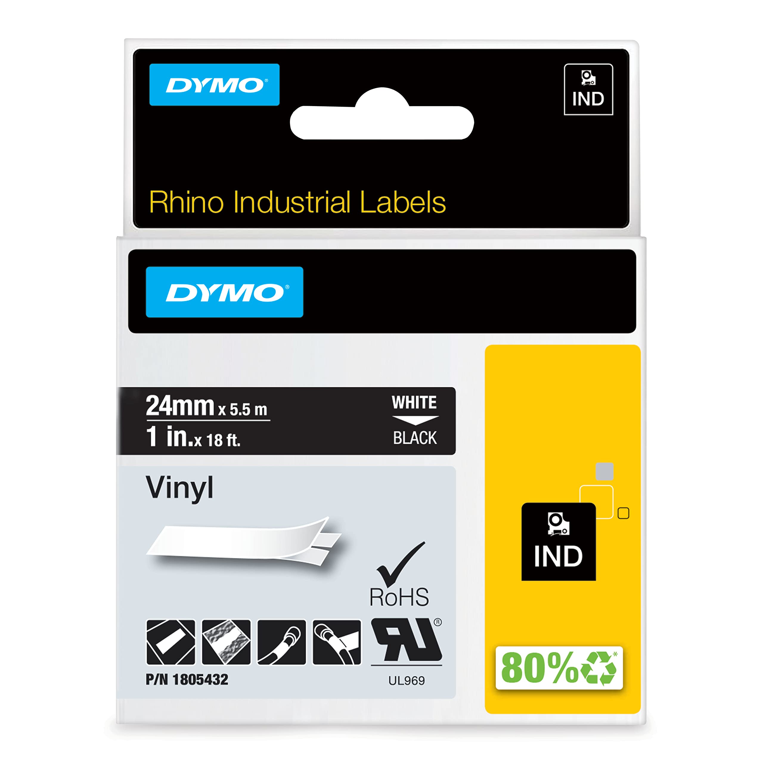 DYMO 1805432 - Teollisuusluokan vinyylitarranauha 24 mm x 5,5 m, Valkoinen / Musta