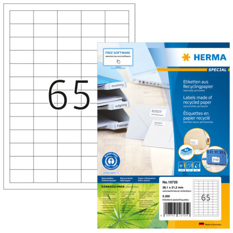 HERMA 10725 A4-tarrat – valkoiset kierrätyspaperitarrat 38,1 × 21,2 mm, 5 200 kpl