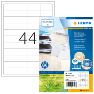HERMA 10726 kierrätyspaperiset A4-tarrat 48,3 × 25,4 mm, tuotepakkauksen kuva