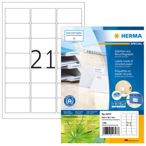 HERMA 10727, A4-kokoinen, Valkoinen, Monikäyttöinen tarra, 210 x 297 mm, 25 arkkia