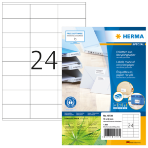 HERMA 10728 valkoiset kierrätyspaperitarrat, 70 × 36 mm, valmistajan tuotekuva