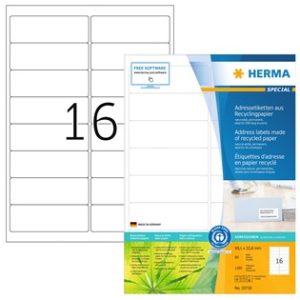 HERMA 10730 kierrätyspaperiset A4-tarrat 99,1 × 33,8 mm, tuotepakkauksen kuva