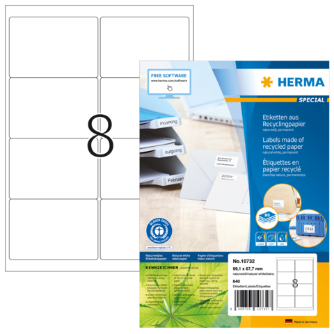 HERMA 10732 A4-tarrat – valkoiset kierrätyspaperitarrat 99,1 × 67,7 mm, 640 tarraa, valmistajan tuotepakkaus
