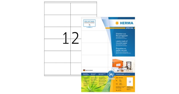 HERMA 10733 valkoiset kierrätyspaperiset A4-tarrat 105 × 48 mm, valmistajan tuotepakkaus