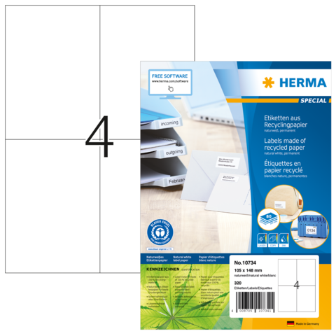 HERMA 10734 valkoiset kierrätyspaperitarrat, 105 × 148 mm, valmistajan tuotekuva