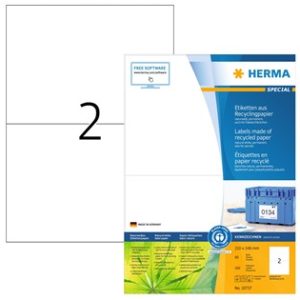 HERMA 10737 valkoiset kierrätyspaperiset A4-tarrat 210 × 148 mm, valmistajan tuotepakkaus