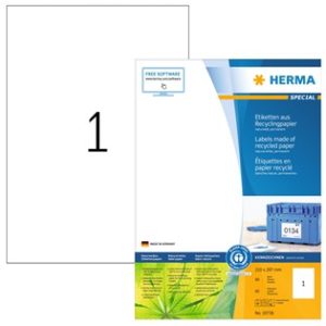 HERMA 10738 valkoiset kierrätyspaperiset A4-tarrat 210 × 297 mm, valmistajan tuotepakkaus