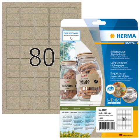 HERMA 10751 Silphie A4-tarrat – luonnonruskeat 35,6 × 16,9 mm Silphie-paperitarrat, 1 600 tarraa, valmistajan kuva