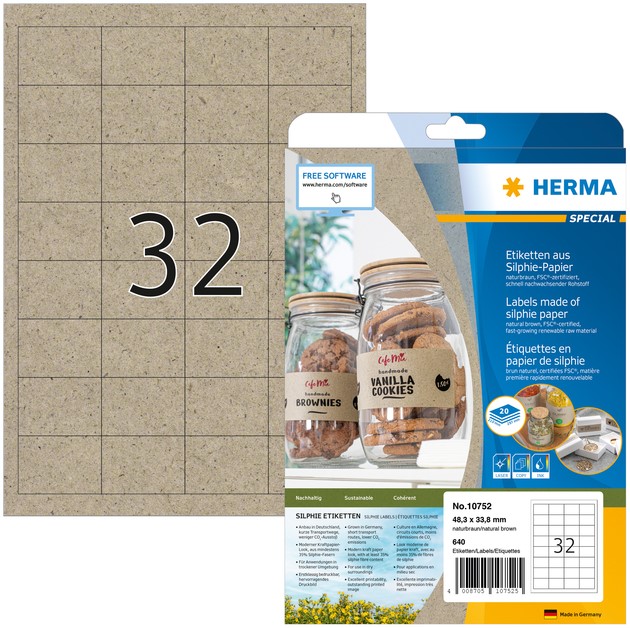 HERMA 10752, Luonnonruskea A4-tarra 48,3 x 33,8 mm, Ekologinen 640 tarraa / 20 arkkia