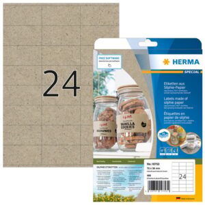 HERMA 10753, Luonnonruskea A4-tarra 70 x 36 mm, 480 kpl / 20 arkkia, Ekologinen Silphie-paperi