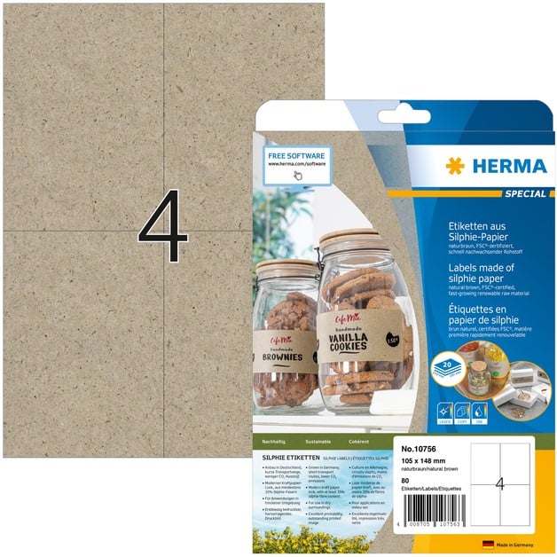 HERMA 10756, Suorakulmainen Ruskea Itseliimautuva Tarra 105 x 148 mm, 80 tarraa / 20 arkkia