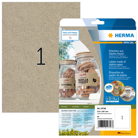 HERMA 10758, A4 Ruskea Itsekiinnittyvä Tarra 210 x 297 mm, 20 tarraa / 20 arkkia