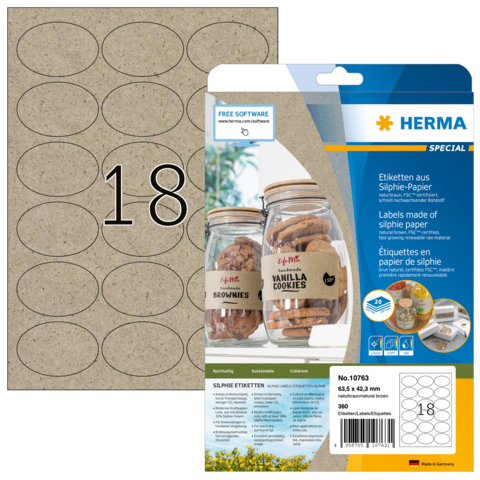 HERMA 10763 luonnonruskeat ovaalit Silphie-paperitarrat, 63,5 × 42,3 mm, 360 tarraa