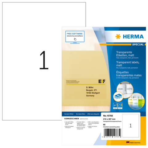 HERMA 10783, A4 Läpinäkyvä Mattakalvo Tarra 210 x 297 mm, 80 tarraa / 80 arkkia