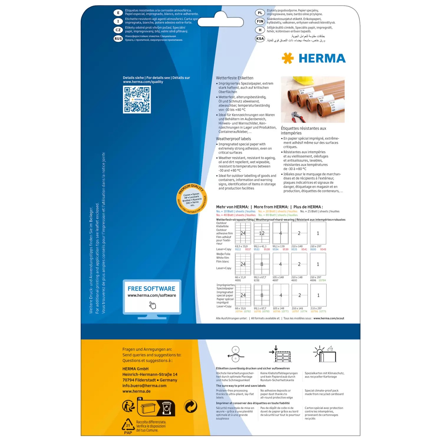 HERMA 10793, Valkoinen Säänkestävä Itseliimautuva Tarra 99,1 x 67,7 mm 640 tarraa / 80 arkkia