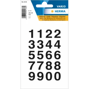 HERMA 4136, A4 Itseliimautuvat Mustat Numerotarrat 20 x 18 mm, 40 kpl tarraa / 2 arkkia